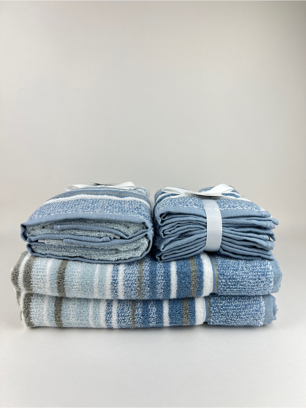 Casaba Bath Towel Set Blue White Taupe Striped Quick Dry Soft Cotton 8 Pc NEW